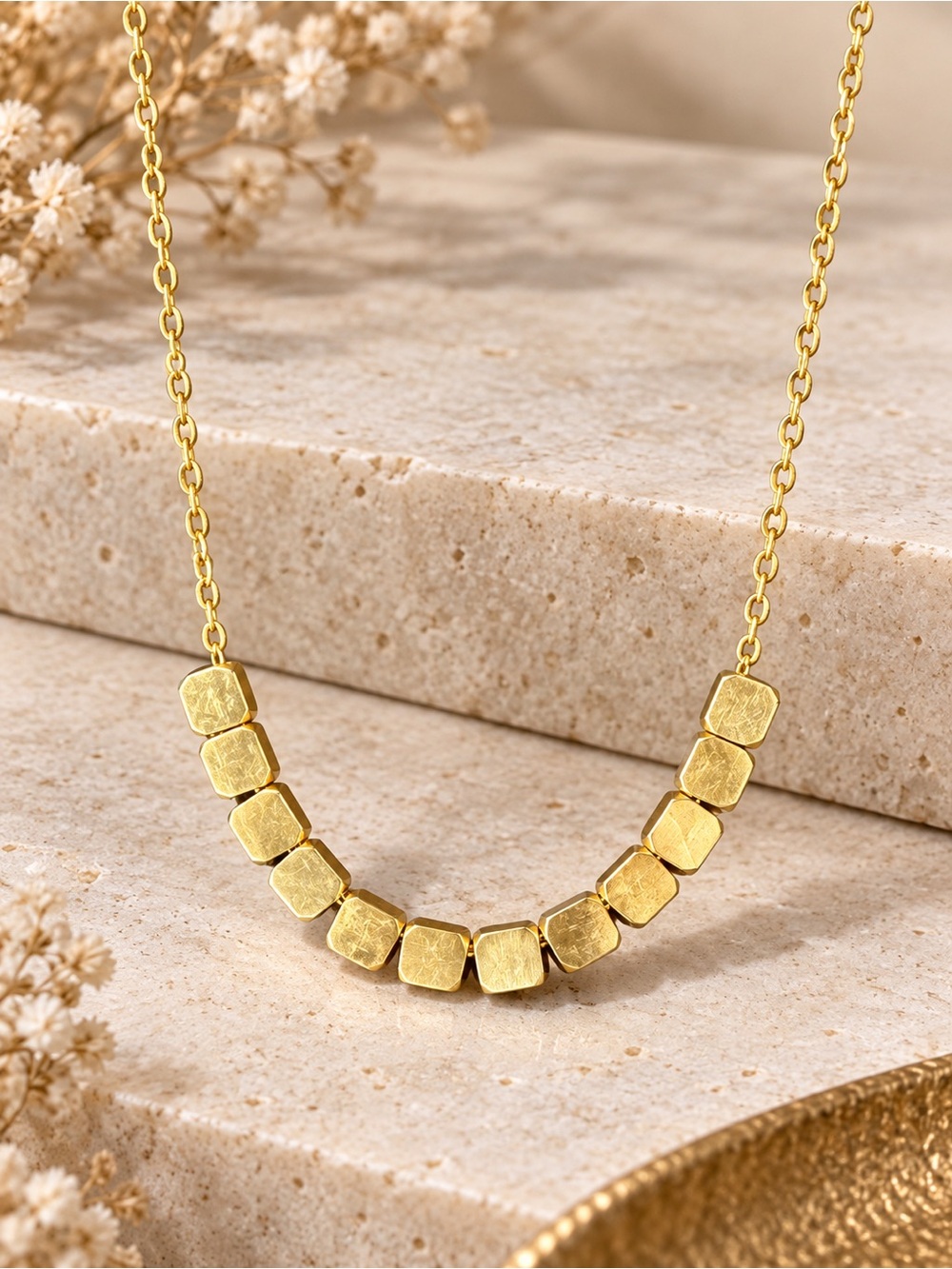 Gold Tone Geometric Cube Bead Necklace Minimalist Modern Layering Jewelry